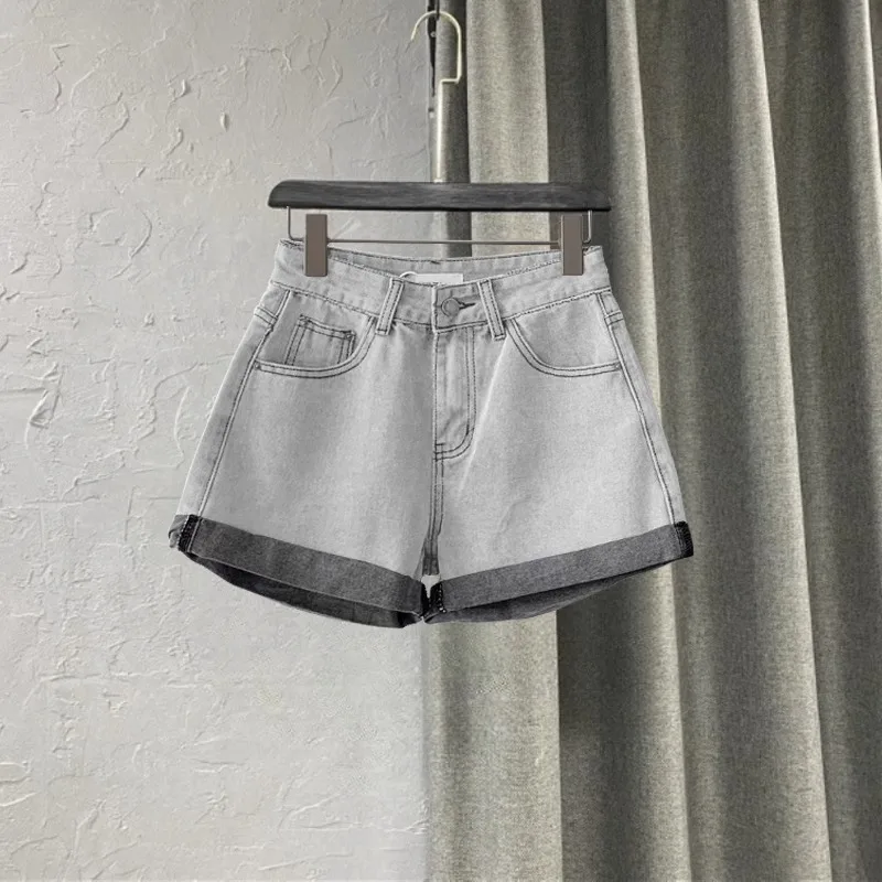 Retro Gray Crimped High-waisted Denim Shorts Women Summer Hot Pants A-shaped Wide-leg Pants