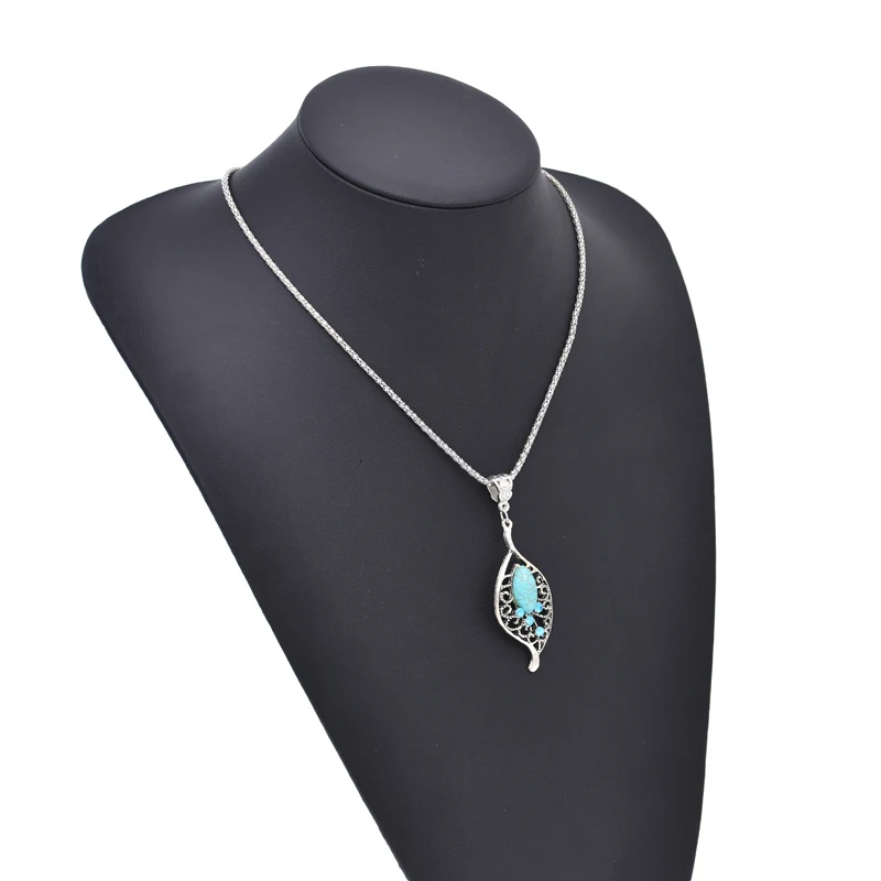 Women Ethnic Necklace Rhineston Blue Imitation Pine Stone Inlay Alloy Hollow Out Tibet Tourism Charm Rich Styles Fashion Jewelry