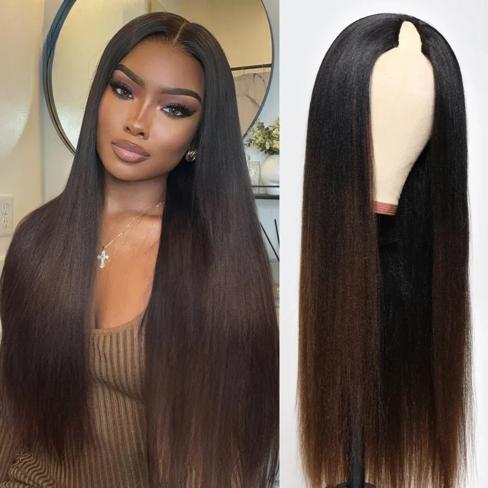 Klaiyi Hair Ombre Brown Yaki Straight V Part Wig With Drawstring Clip in No Glue Human Hair Wigs