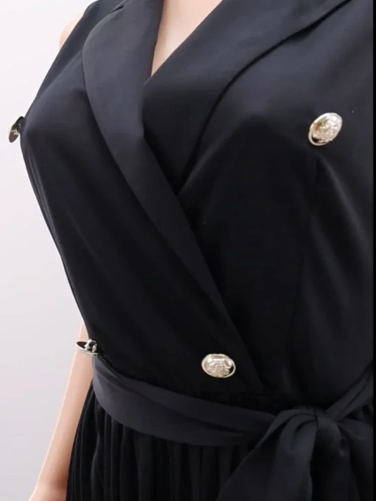 Sleeveless Jumpsuits for Women Casual Pleated Wide Leg Pants Belt Button Down Notched Lapel Back Out Summer One Piece Outfits