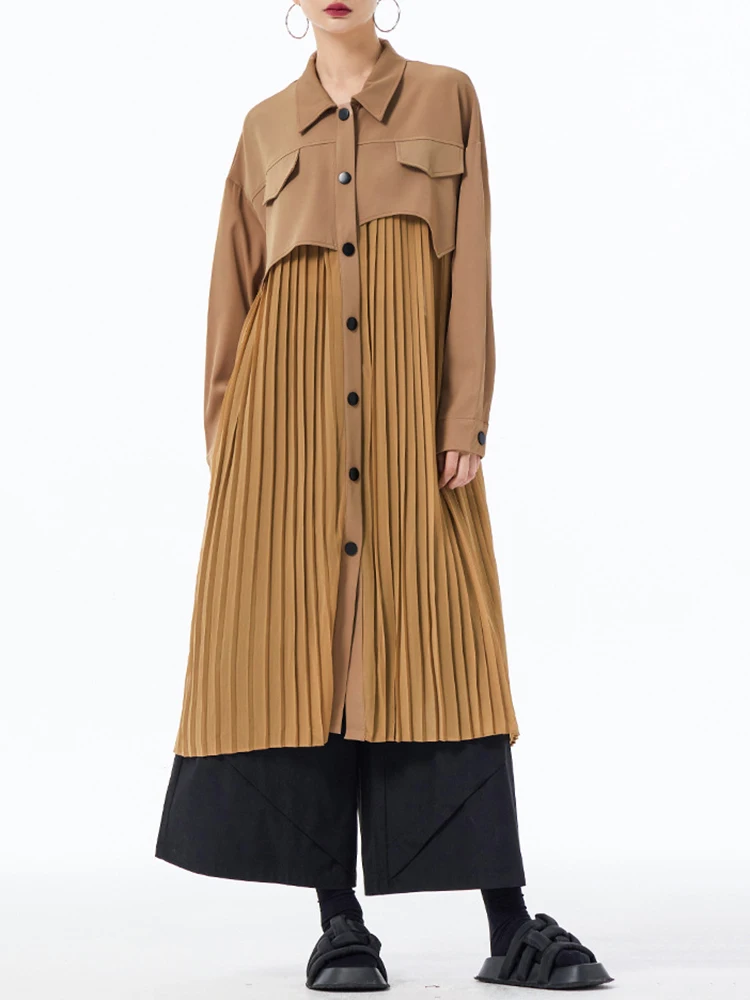 [EAM] Women Army Green Pleated Spliced Big Size Midi Shirt Dress New Lapel Long Sleeve Fashion Tide Spring Autumn 2024 1DH6927