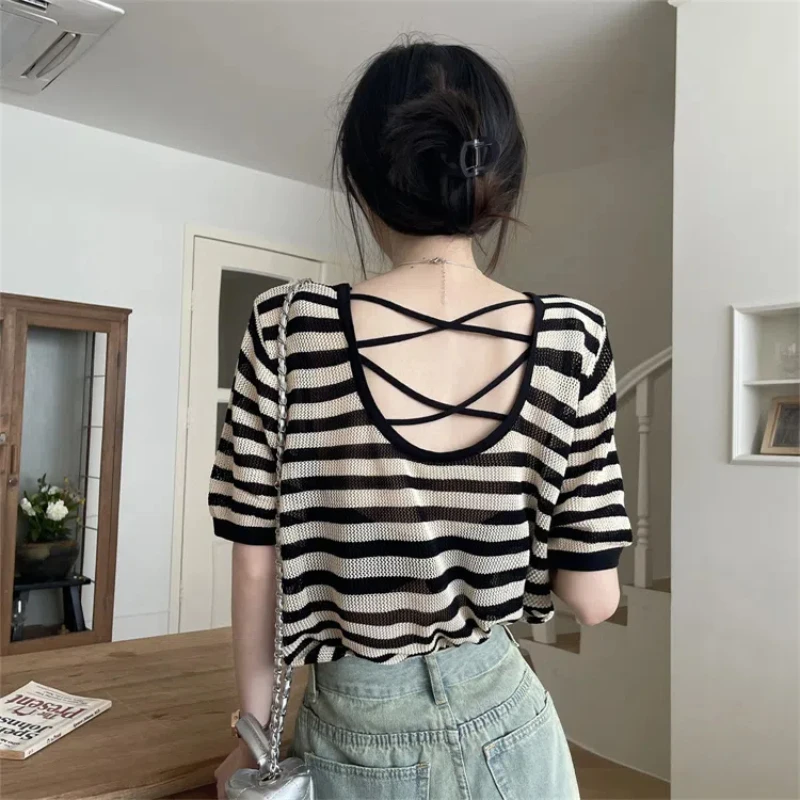 

Black Hollow Out Loose T Shirts Thin Short Sleeve Patchwork Backless Striped Trend Tops Casual Fashion Women Clothing Summer New