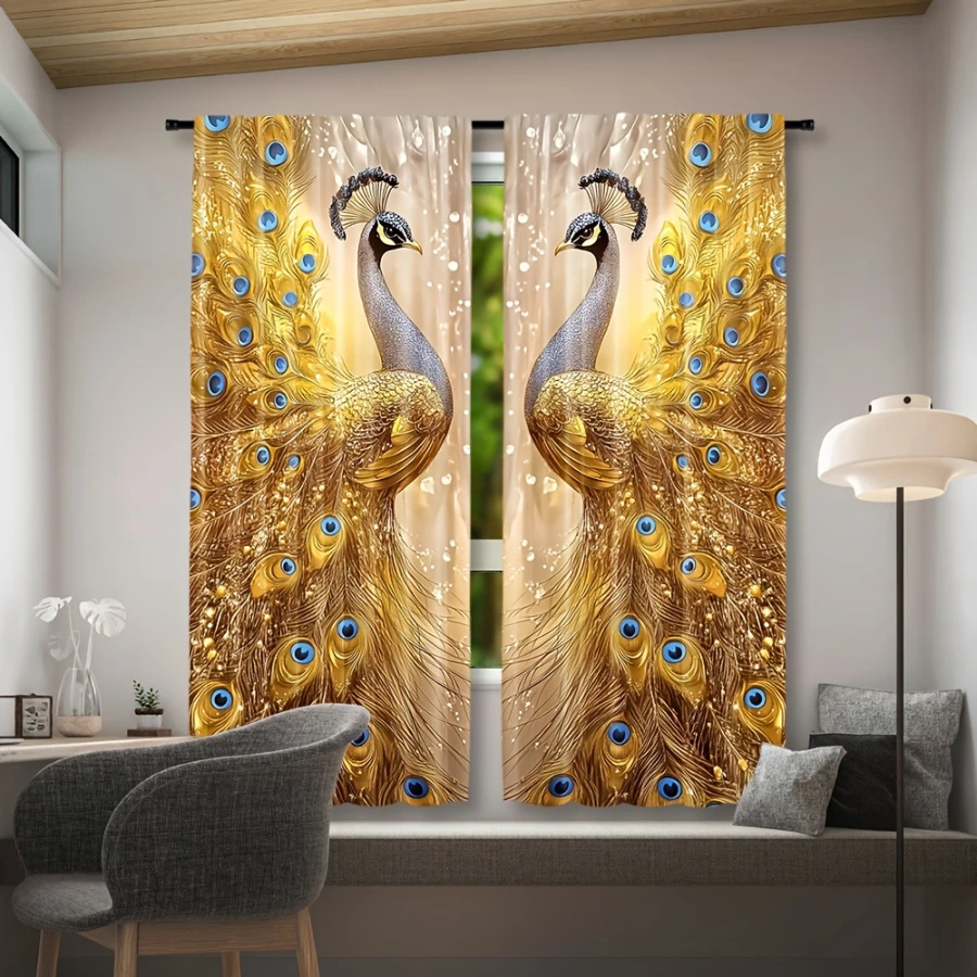 2PCS Digital Printed Curtains, Golden Feather Peacock Luxurious Exotic Bird, Home Decor Style for Living Room Bedroom Decor