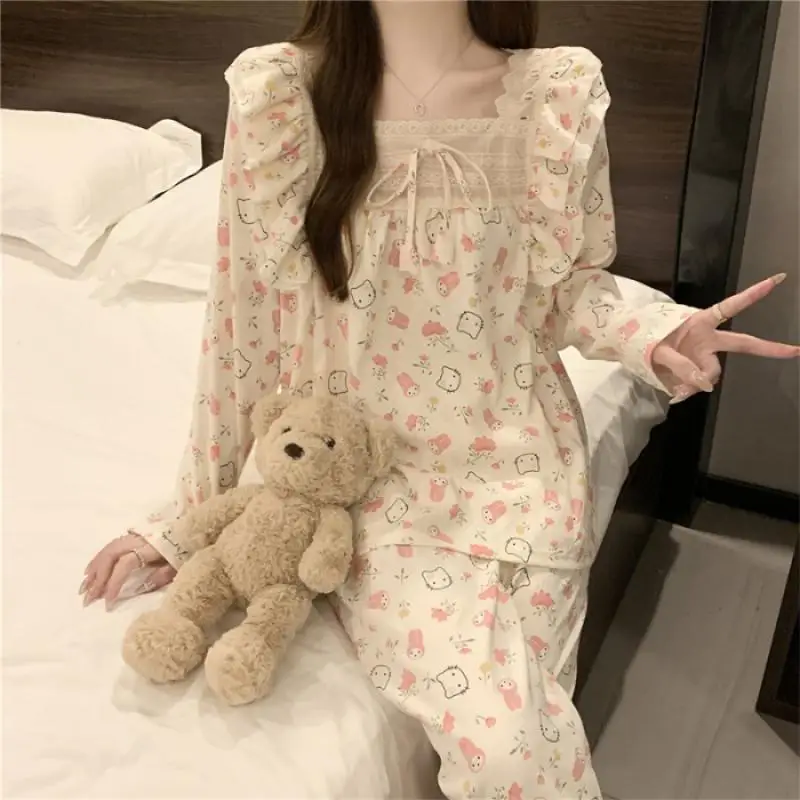 

Sanrio Kuromi пижамный комплект с откидным воротником для девочек, весенне-осенний модный кардиган в стиле комиксов Kawaii Cinnamoroll, одежда для отдыха