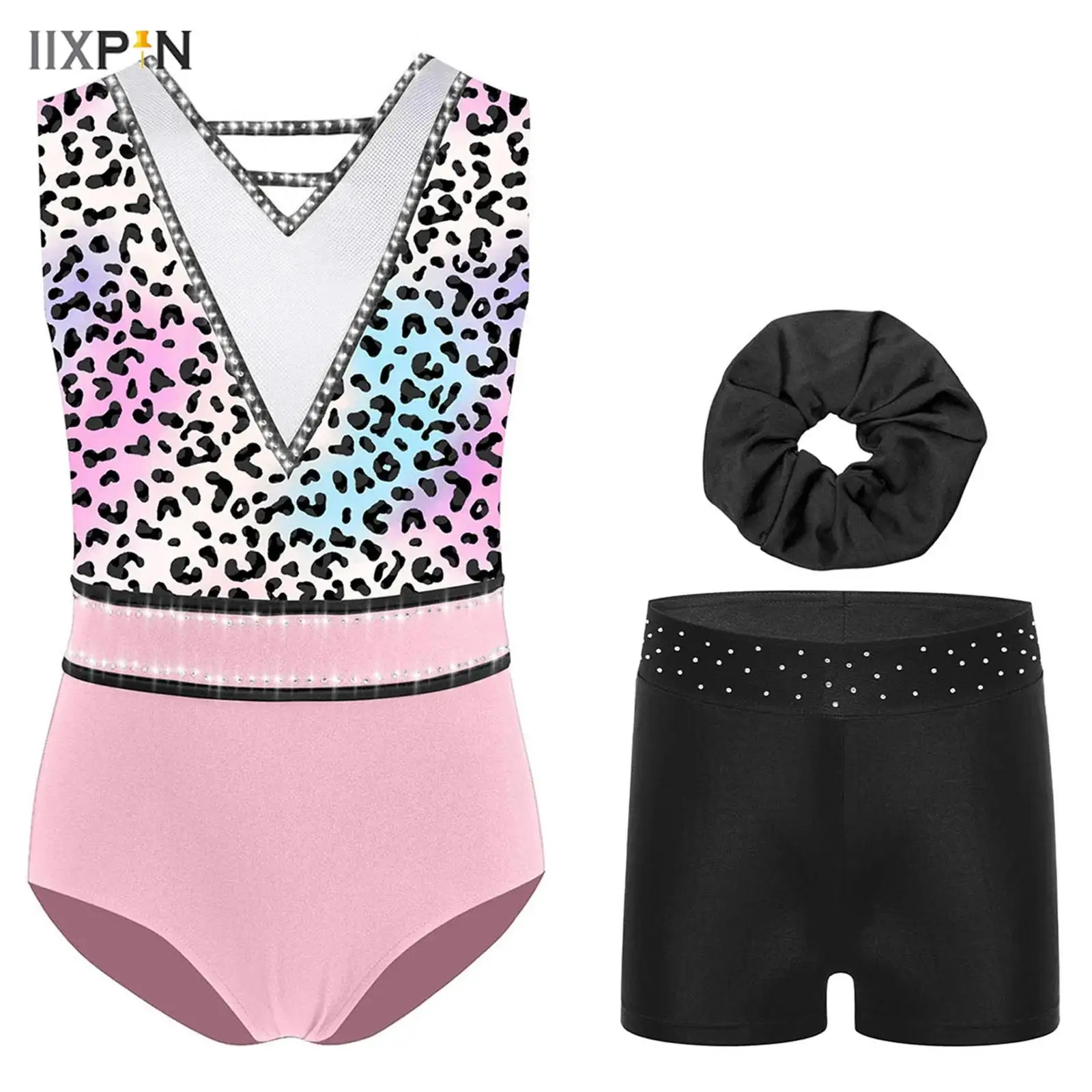 

Kids Girls Gymnastics Ballet Dance Figure Skating Outfit V-Neck Sleeveless Rhinestone Printed Leotard+Shorts+Headwear 3Pcs/Set