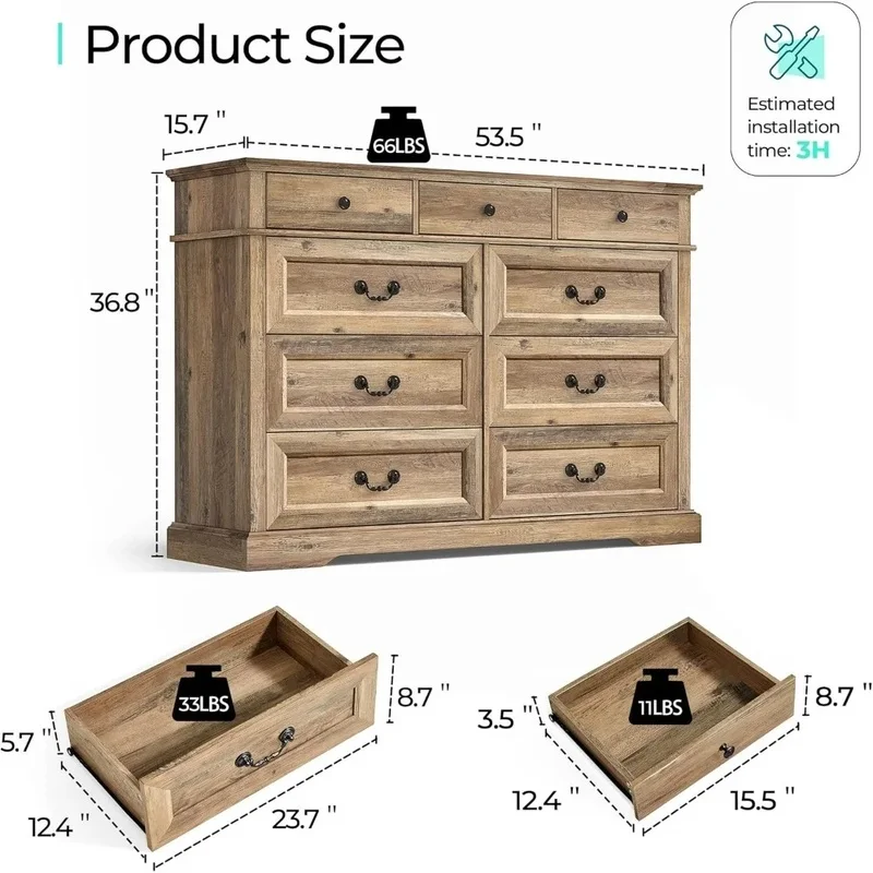 

9-Drawer Wooden Bedroom Dresser - Farmhouse Style Chest of Drawers for Stylish Storage