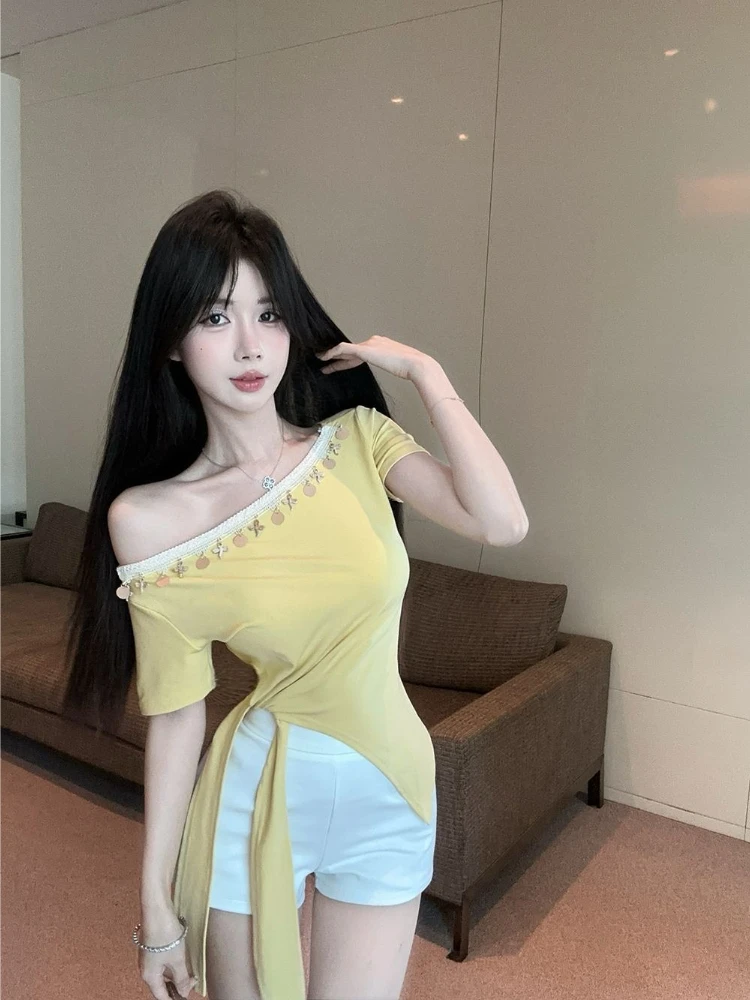 Korean Style Sequin One Shoulder Short Sleeve Top Summer New Arrival Cute Sexy Asymmetrical Tie Waist Slimming Base Layering Tee