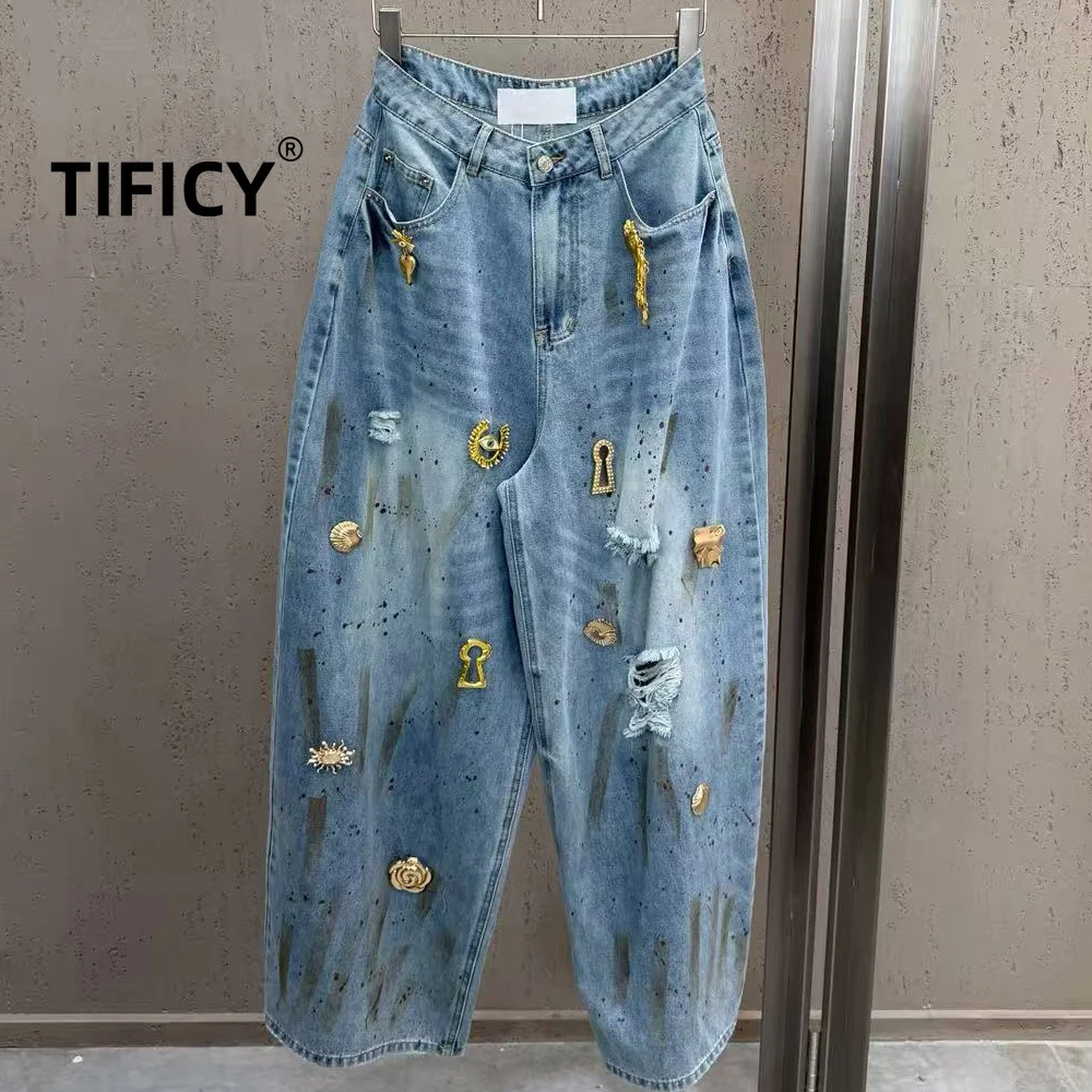 High Street Tie Dye Jeans Pants Women's Splashing Paint Tearing Holes Metal Decoration Heavy Industry Wide Leg Denim Pants
