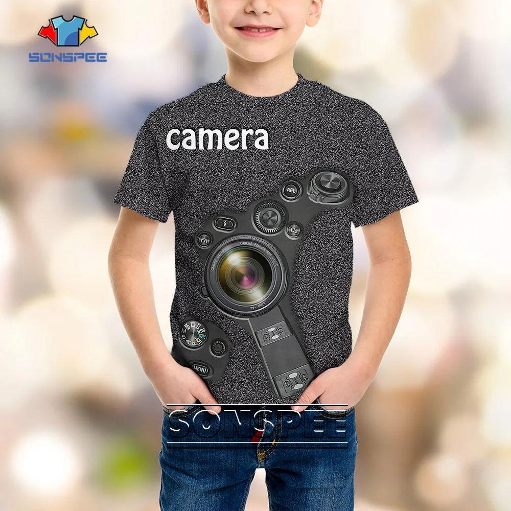 SONSPEE Novelty Camera Graphics Punk 3D Print Child Hip-Hop Kids T-shirt Lens Mechanical Trend HipHop Oversize Tshirt Streetwear