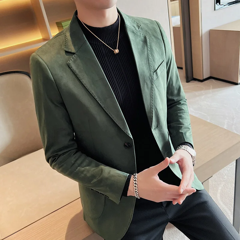 2023 Retro Elegant Suede Dress Jackets For Mens Blackish Green Blazer Gentleman British Style Vintage Social Jackets Dandy Party