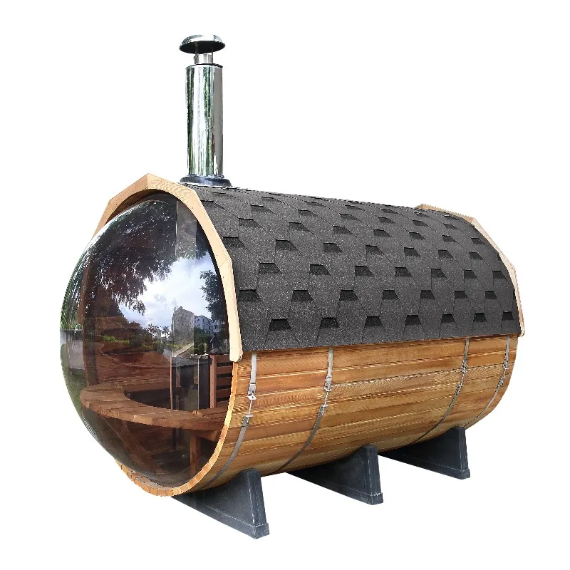 Customized 4-6 Person Round Barrel Sauna, Outdoor Red Cedar Solid Wood Dry Steam Sauna Room with Panoramic View
