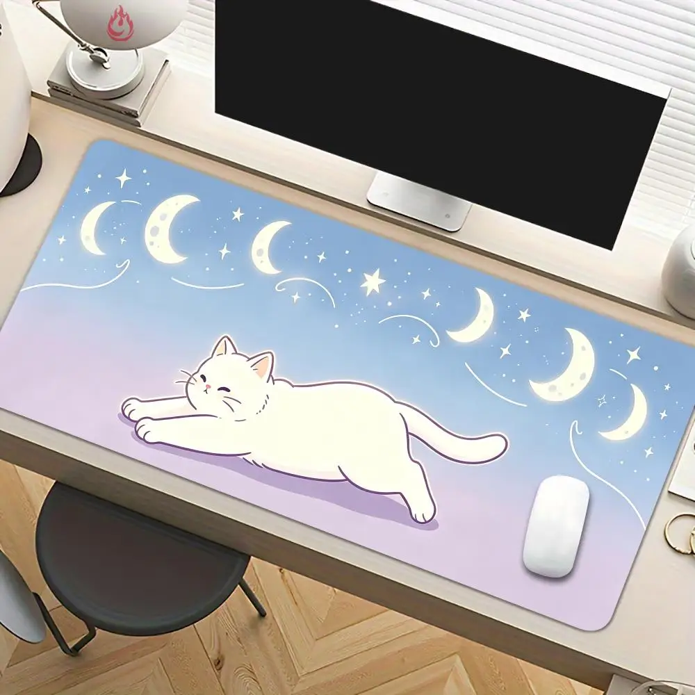 Moon Phases and Cat Mouse Pad Desk Mat Large Computer Office Carpet XXL Mousepad Gamer Gaming PC Accessories Keyboard Rug