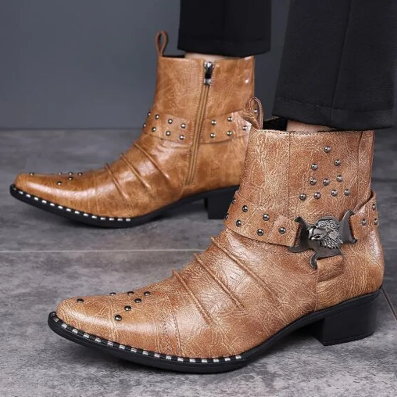 High-top Boots Retro Rivet Belt Buckle Western Cowboy Boots Men's British Casual Leather Boot Pointed Thick Heel Men Ankle Boots