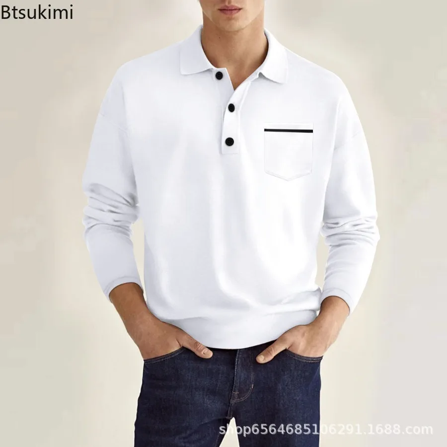 

Men's New Style Solid Color Pocket Button Polo Shirts Fashion Casual Daily Home Outdoor Sports Lapel Simple Long Sleeved Tops