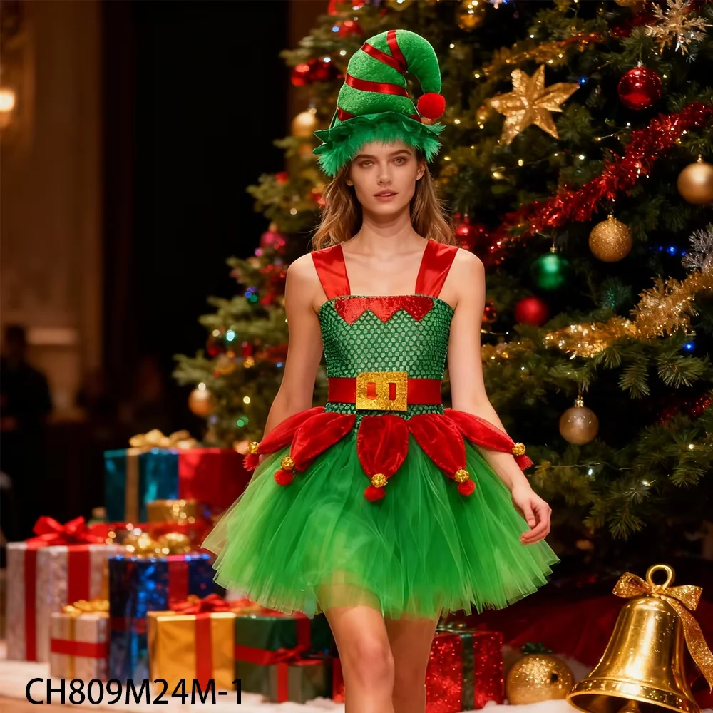 PESENAR Elf Costume Tulle Patchwork Dress with Headband and Arm Sleeves Sets Christmas Elf Outfits 3Pcs Elf Suits