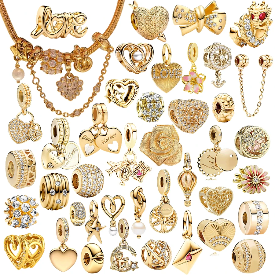 

NEW Gold Plated DIY Making Sparkling Family Tree、Double Heart、Cherry Blossom Dangle Charm Bead Fit Original DIY Bracelet Jewelry