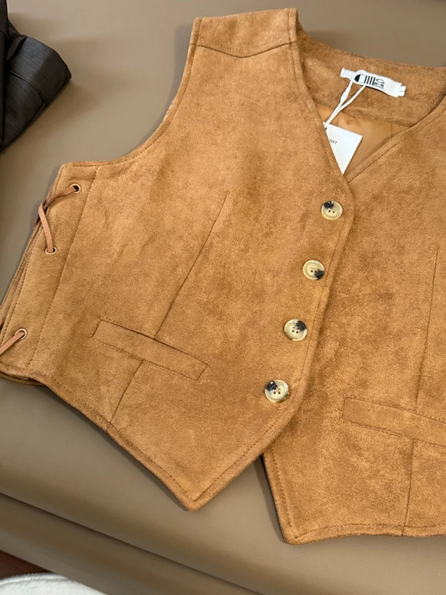 Chaleco de gamuza empalmado con cordones Retro Jaet mujer ort v-ne pequeño Jaet otoño alta gama sentido capas Faionable
