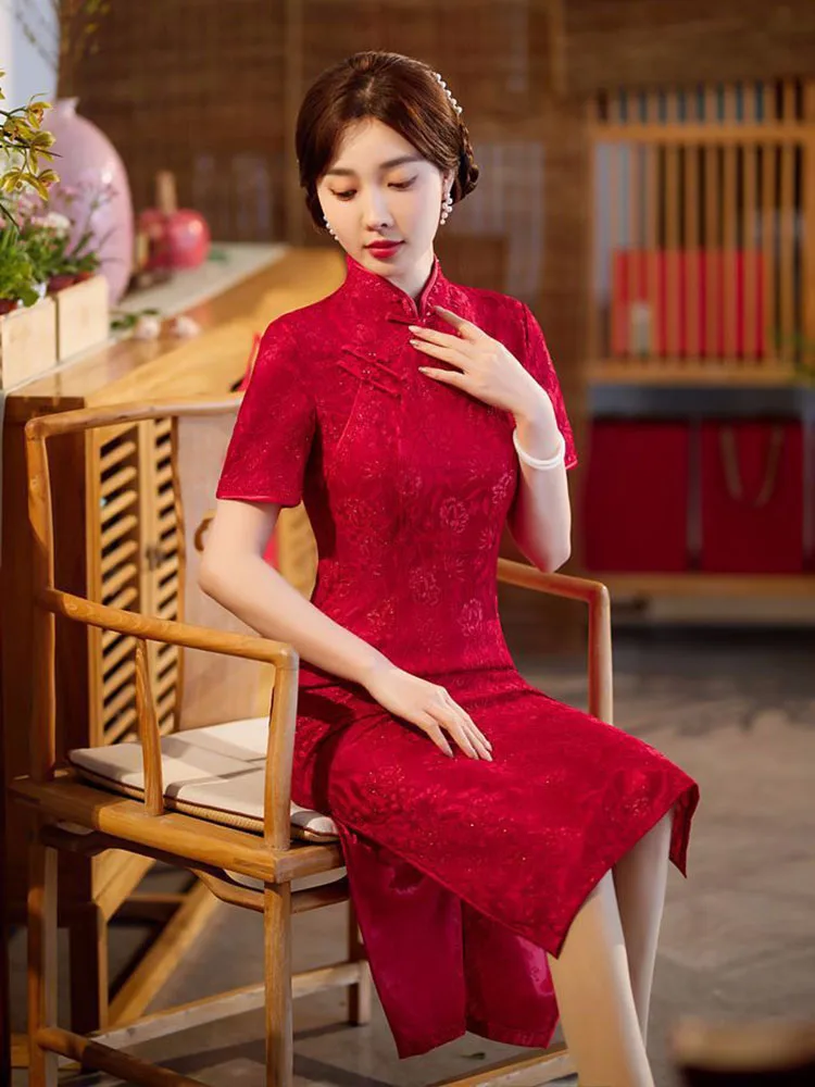 

Summer Red Lace Cheongsam Elegant Toast Clothing Qipao Chinese Traditional Style Wedding Evening Dress Banquet Party for Women