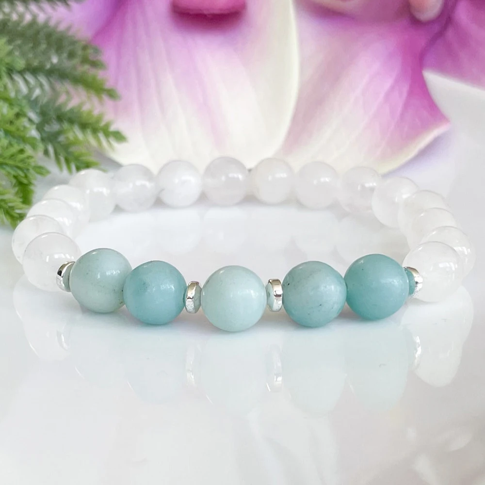 MG1511 A Grade Amazonite & White Jade Gemstone Bracelet Natural Snow Quartz Healing Crystals Anxiety Yoga Mala Bracelet