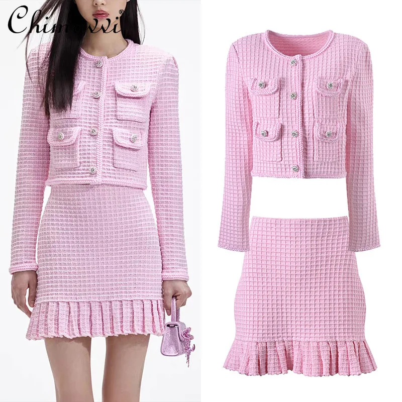 French Temperament Socialite Diamond Single-breasted Short Jacket Tops High Waist Slim Ruffle Skirt Two-piece Sets Women Autumn