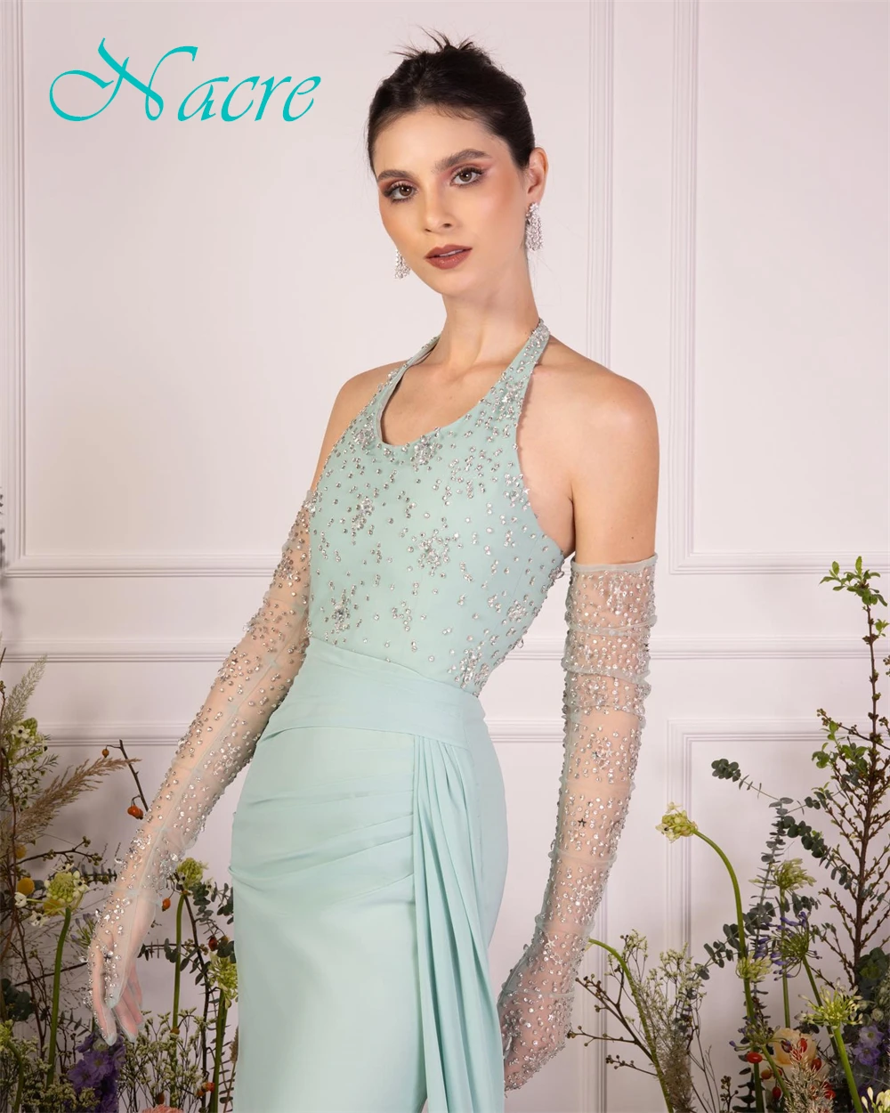 Op maat gemaakte prachtige jersey halter avondjurk Delicate mouwloze galajurken Luxe sweep trein Jurken voor speciale gelegenheden