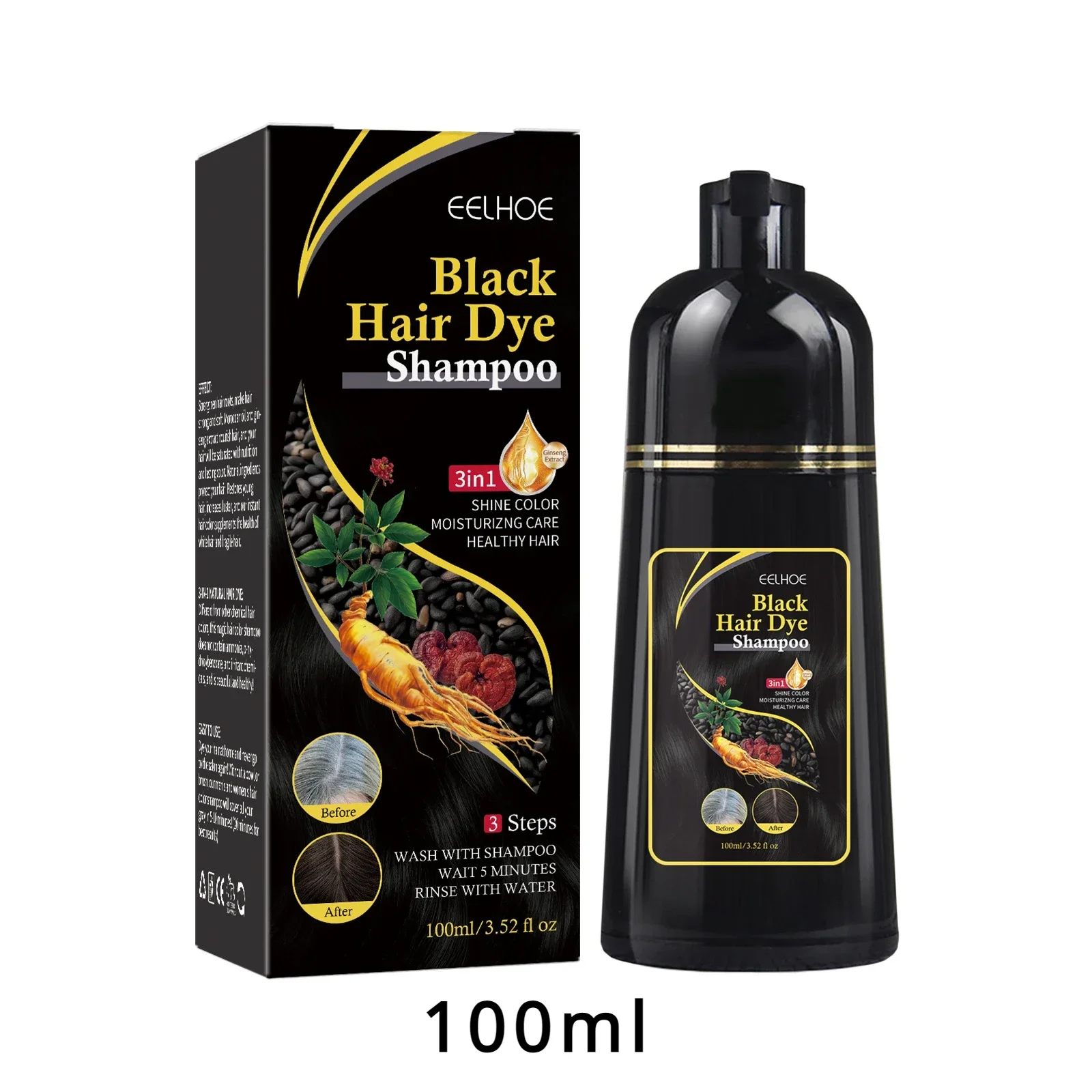 100 ml/500 ml Haarfärbe-Shampoo, 3-in-1, verdunkelndes Haar, sofort grau bis schwarz, Polygonum Multiflorum, natürliche Coloing-Abdeckung für Frauen
