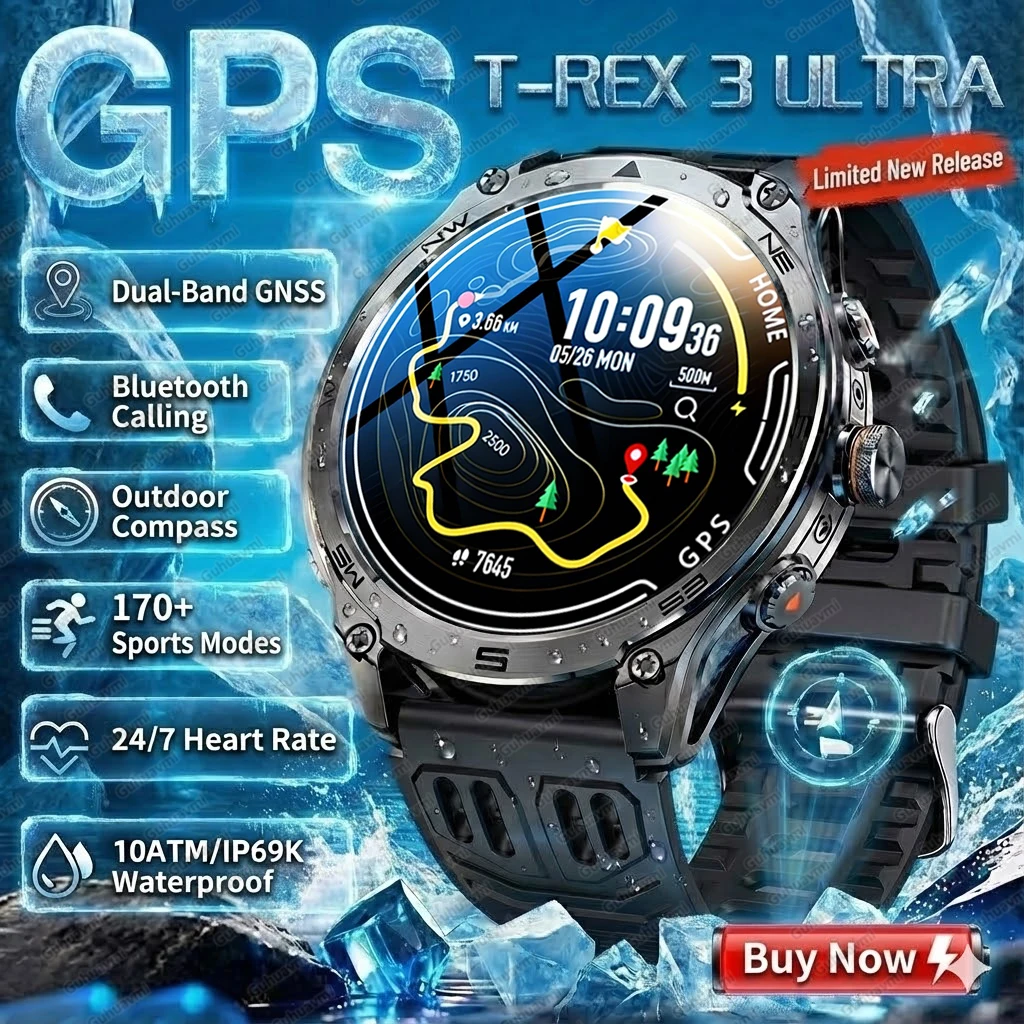 T-Rex 3 Military Grade 1000mAh Battery Smart Watch with GPS Compass Rugged Clock Men Waterproof  Call Men Swim Sports Smartwatch
