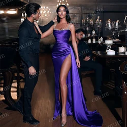 Purple Mermaid Evening Dresses For Wedding Party Woman Prom Dress Split Pleated Satin Elegant Evening Gowns Vestidos de Noche