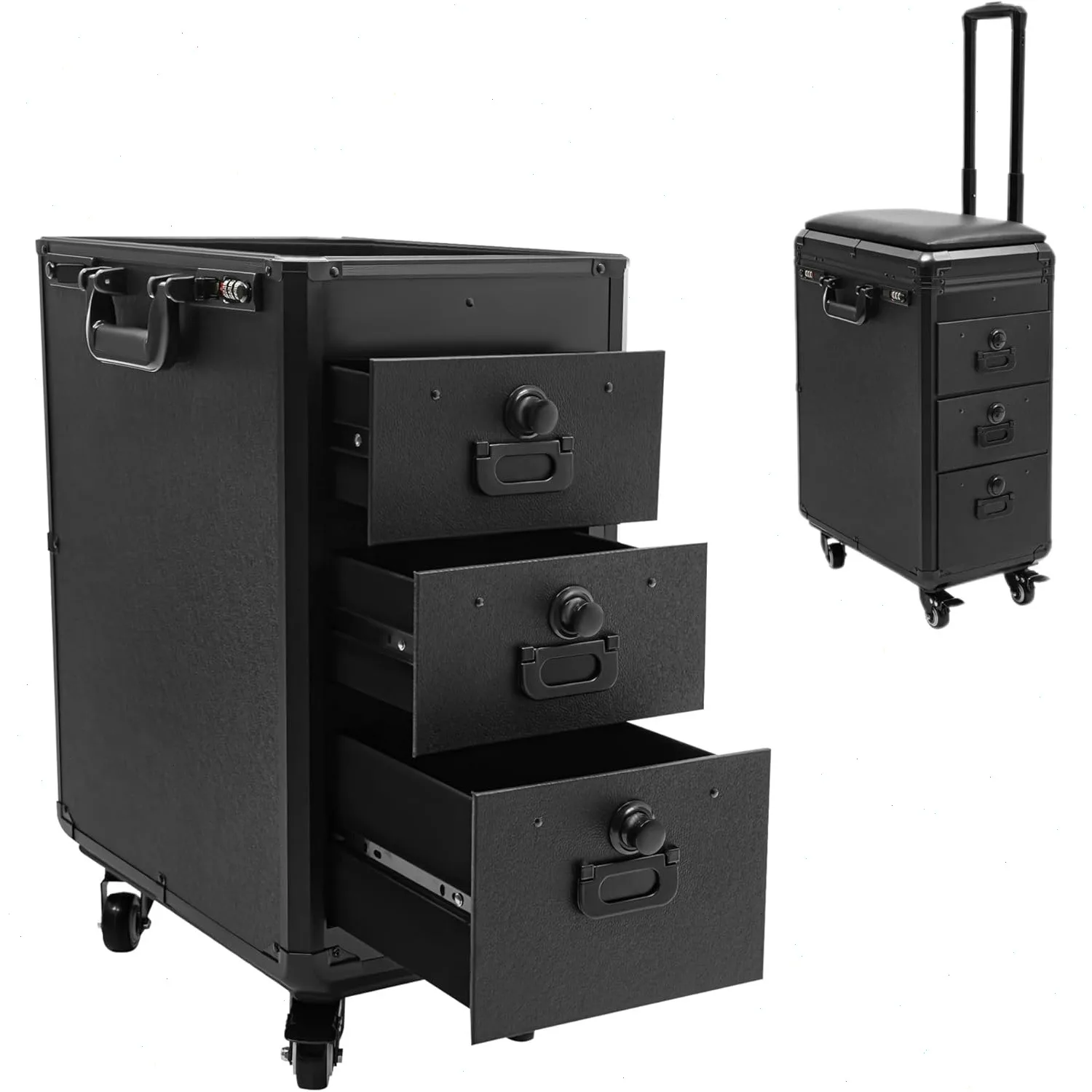 Rollbare Schminkkoffer, 3-Schubladen Profi-Kosmetik-Organizer mit Rädern & Schloss, tragbarer Trolley-Koffer, Friseur-Reisetasche für Tattoo, Nagel- und Beauty-Friseur, 42x28x53cm