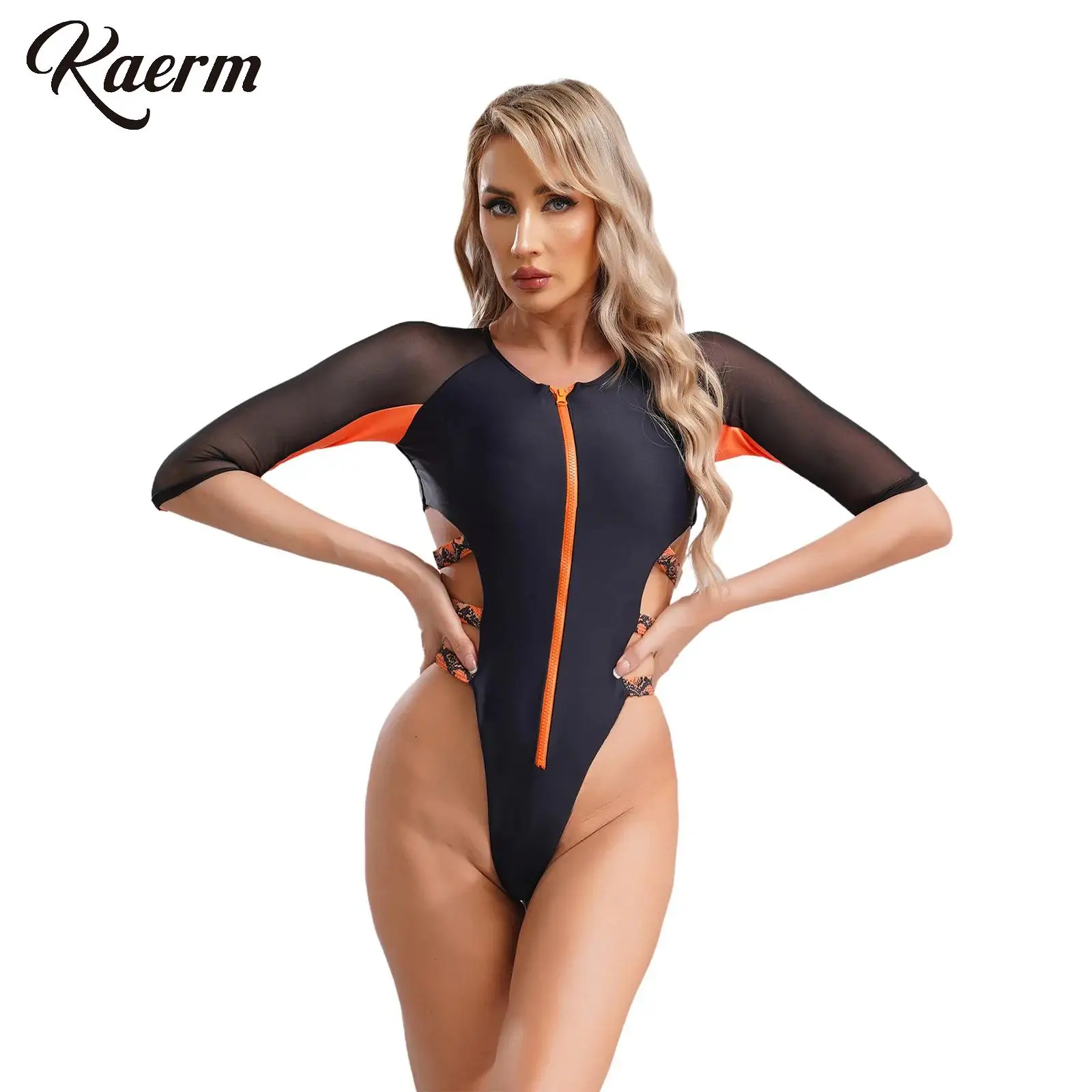 Women Hollow Out Sheer Mesh Swimsuit Long Sleeve Padded Zipper One Piece Rash Guard Swimwear Sexy High Cut Monokini Bathing Suit