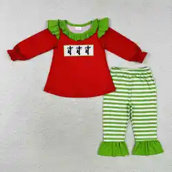 Boutique wholesale Toddler girls Christmas lineman outfits Clothing Kids long Sleeves Sets Children green red clothes hot sale