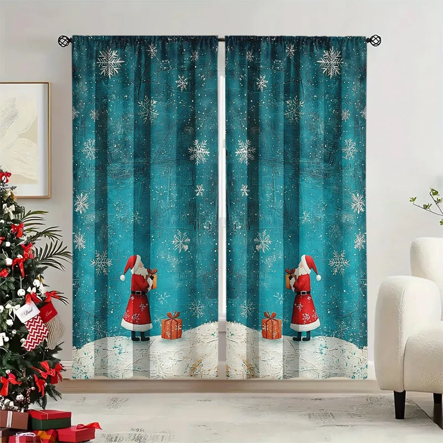 2PCS Christmas Winter Curtains, Santa Claus Gift Box Snowflake Teal Vintage, Digital Print, Bedroom Living Room, Home Decor