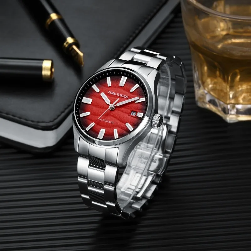 TIME TOKEN Jam Tangan Pria Baja Tahan Karat Bertekstur Gurun 40Mm Jam Tangan Pergerakan Dial Pasir 3D Tahan Air 50M