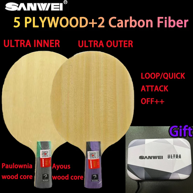

SANWEI Ultra Inner/Outer Carbon Fiber Table Tennis Blade 5wood 2 Carbon Ayous/Paulownia Core Ping Pong Paddle for Speed &Control