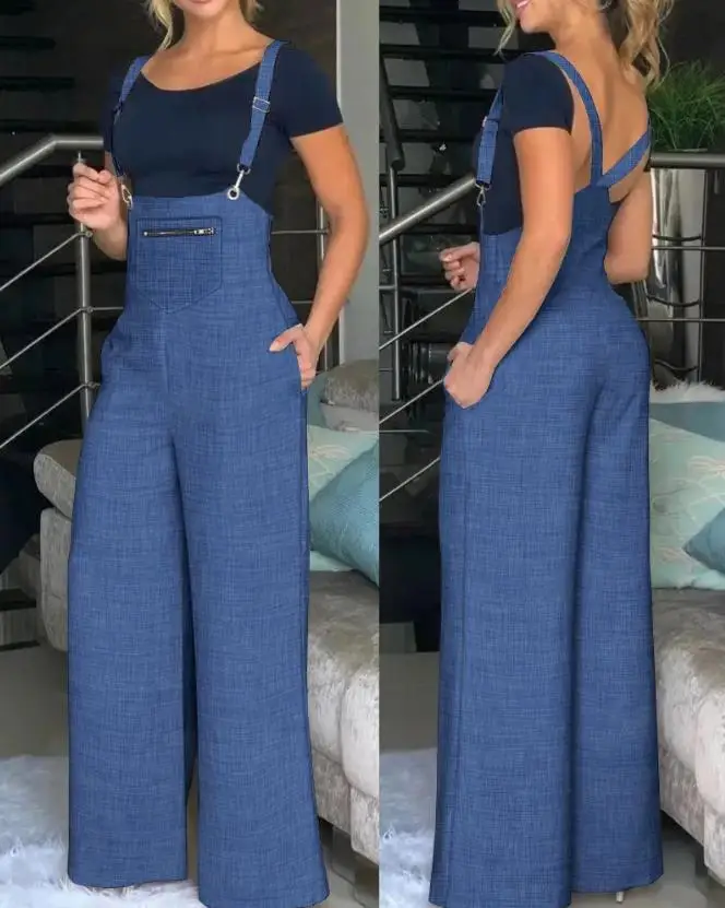 2024 Women's Spring/summer Strap Pants Solid Color Simple Work Suit Versatile Pocket Design Wide Leg Sling Jumpsuit