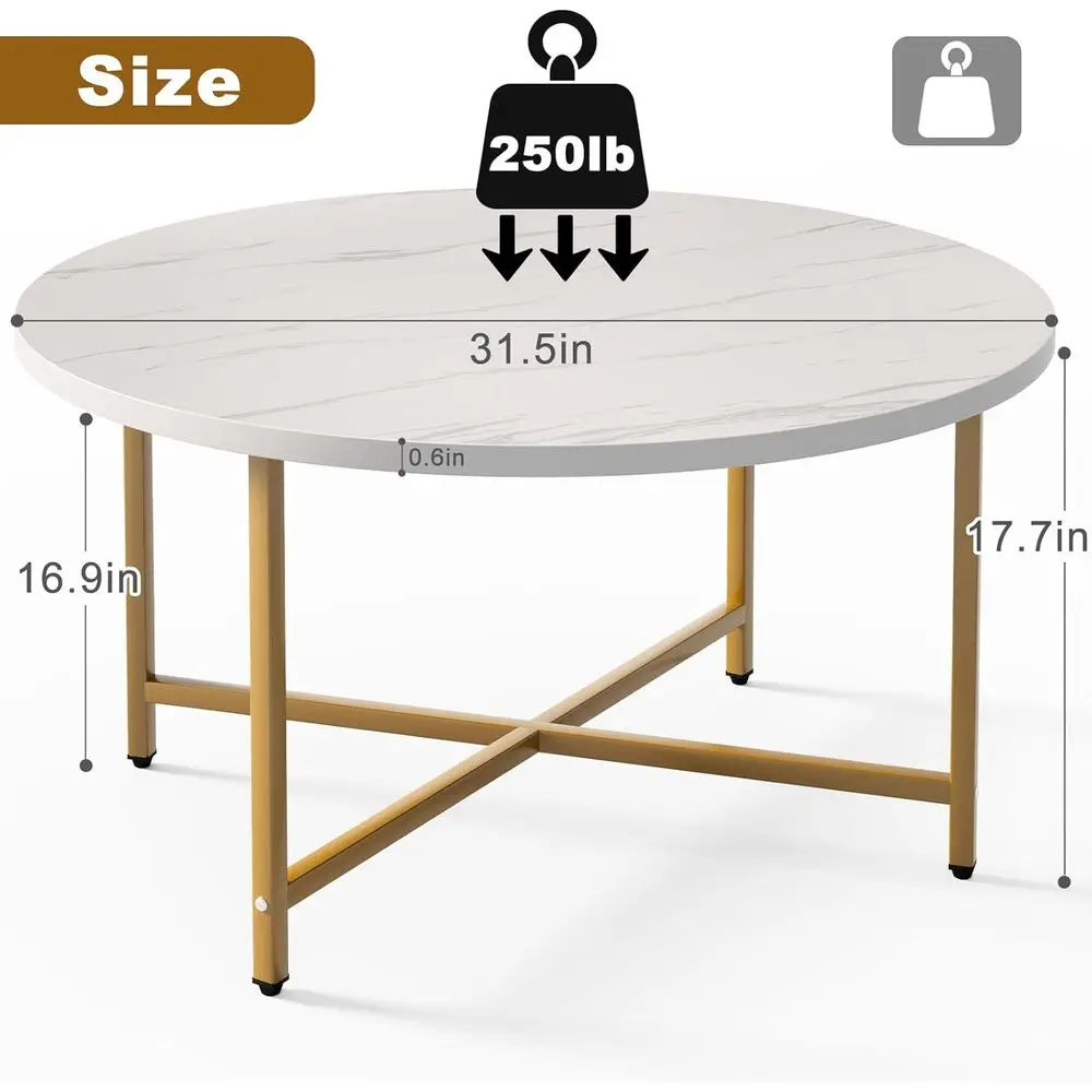 大きな白と金の丸いコーヒーテーブル、直径31.5インチ、高さ17.7インチ、リビングルーム、オフィス、パティオ、庭での使用に適しています。