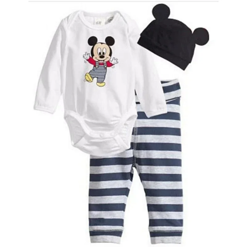 Spring Autumn Newborn Baby Romper+Pants+Hat 3Pcs Set Baby Boy Girl Clothes Suit Mickey Minnie Infant Jumpsuit One Piece Bodysuit