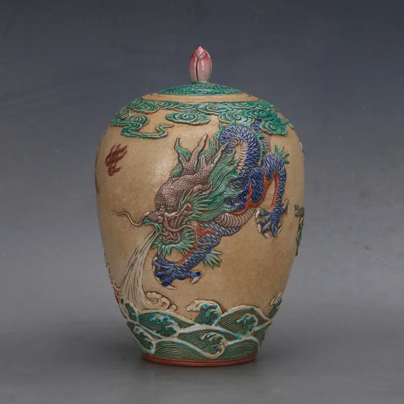 Chinese Antique Style Qianlong Mark Doucai Lotus Deep Carved Dragon Covered Jar Porcelain Home Decor Handmade Gift