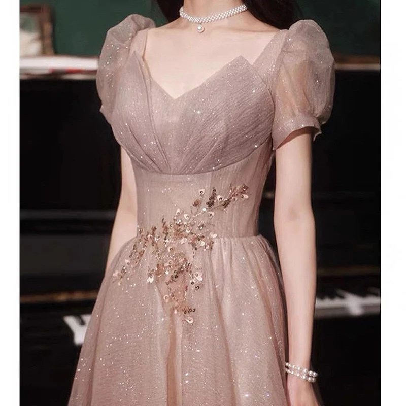 

2022 Light Luxury Pink Champagne Evening Dresses V-Neck Puff Sleeve Backless Shiny Sequined A-Line Banquet Evening Party Gowns