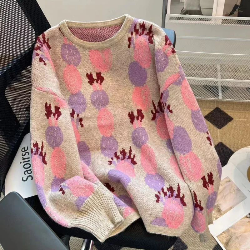 

Women Grey Clothing Vintage Knitting Sweater Long Sleeve Cotton Chic Casual Korean Fashion Baggy Female Printing Winter Tops