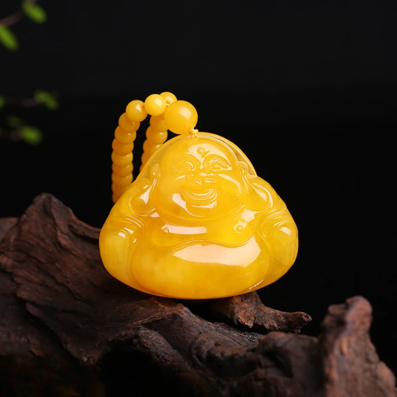 Beeswax Carved Maitreya Buddha Pendant Amber Sweater Chain Hanging Women's Model