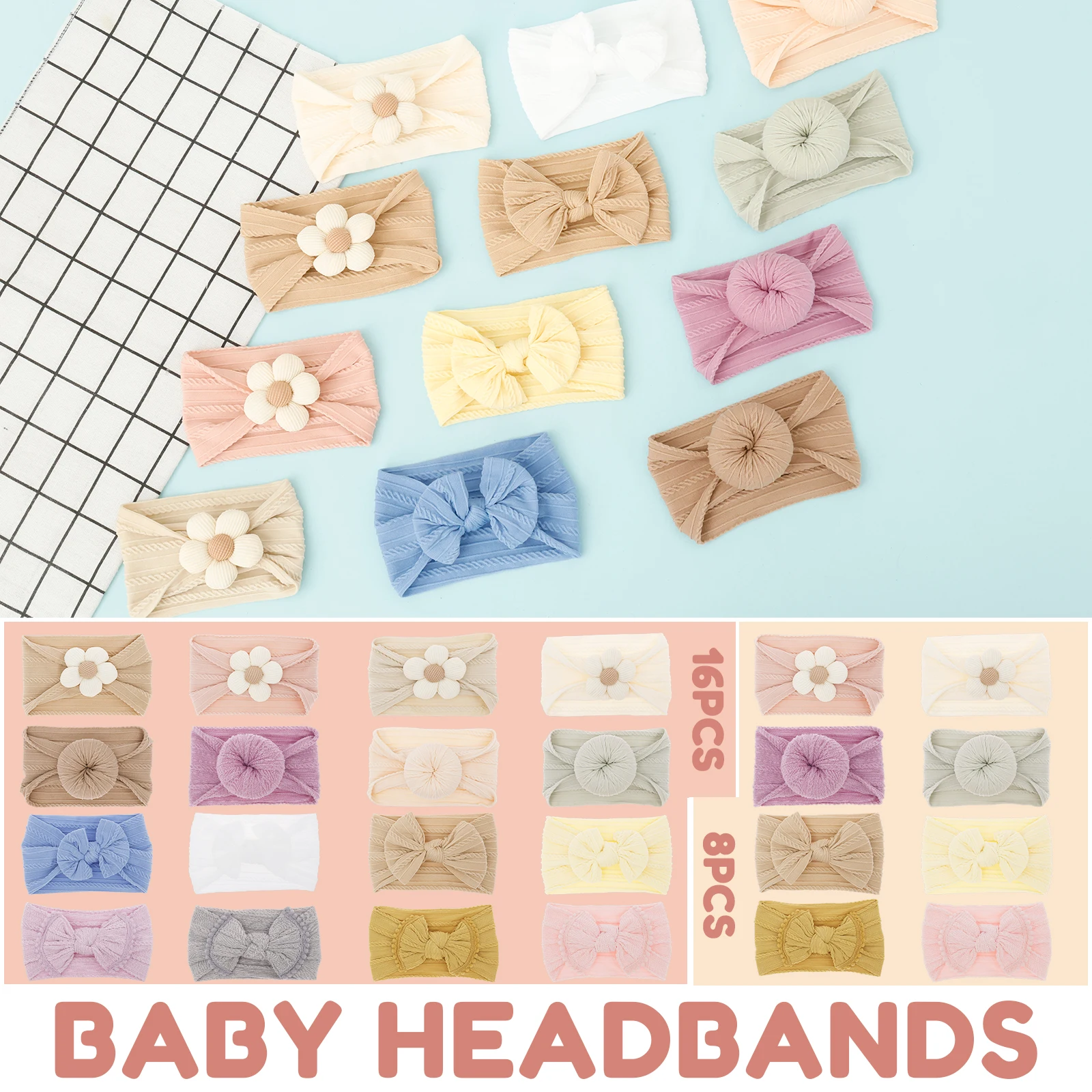 

8/16Pcs Baby Girls Headbands Elastic Nylon Infant Girls Head Wraps Cute Bow Hair Accessories for Newborns Infants Toddlers Kids