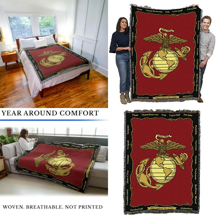 

US Marine Corps - Emblem Blanket - Gift Military Tapestry Throw Woven from Cotton - Made in the USA 72x54