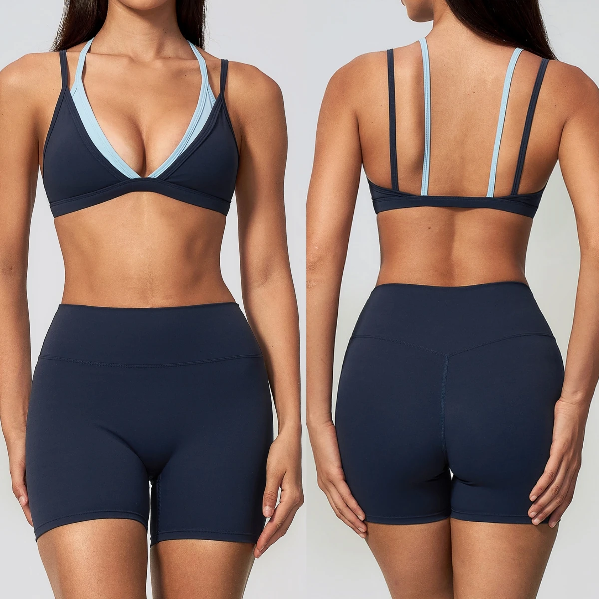 Women 2 PCS Yoga Set Mock Two-Piece Double Strap V Neck Sports Bra High Waist Scrunch Butt Biker Shorts Pilates Workout Gym Set