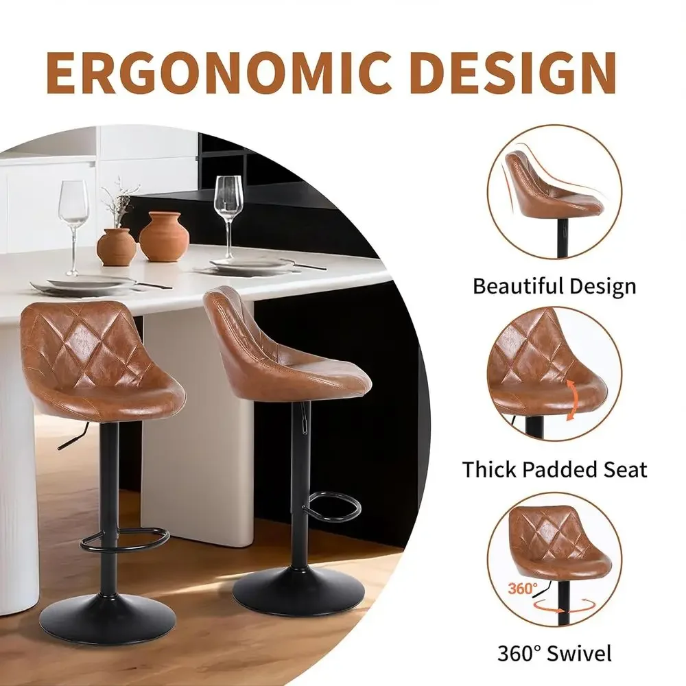 Set of 2 Swivel Counter Height Bar Stools with Backrest and Footrest, Brown Leather for Kitchen Island or Dining Area - view 4