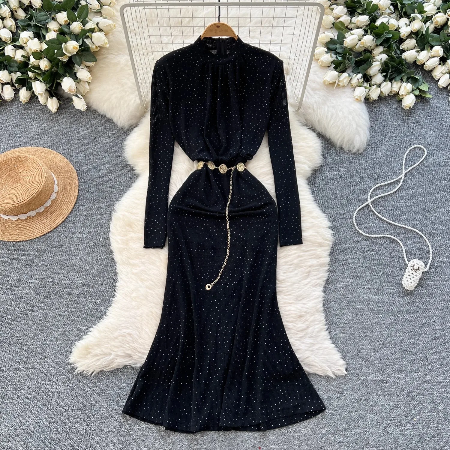 살구 자수 플레어 블링 드레스 여성 우아한 streetwear 긴 소매 의류 레이디 활주로 디자인 세련된 vestidos bodycon