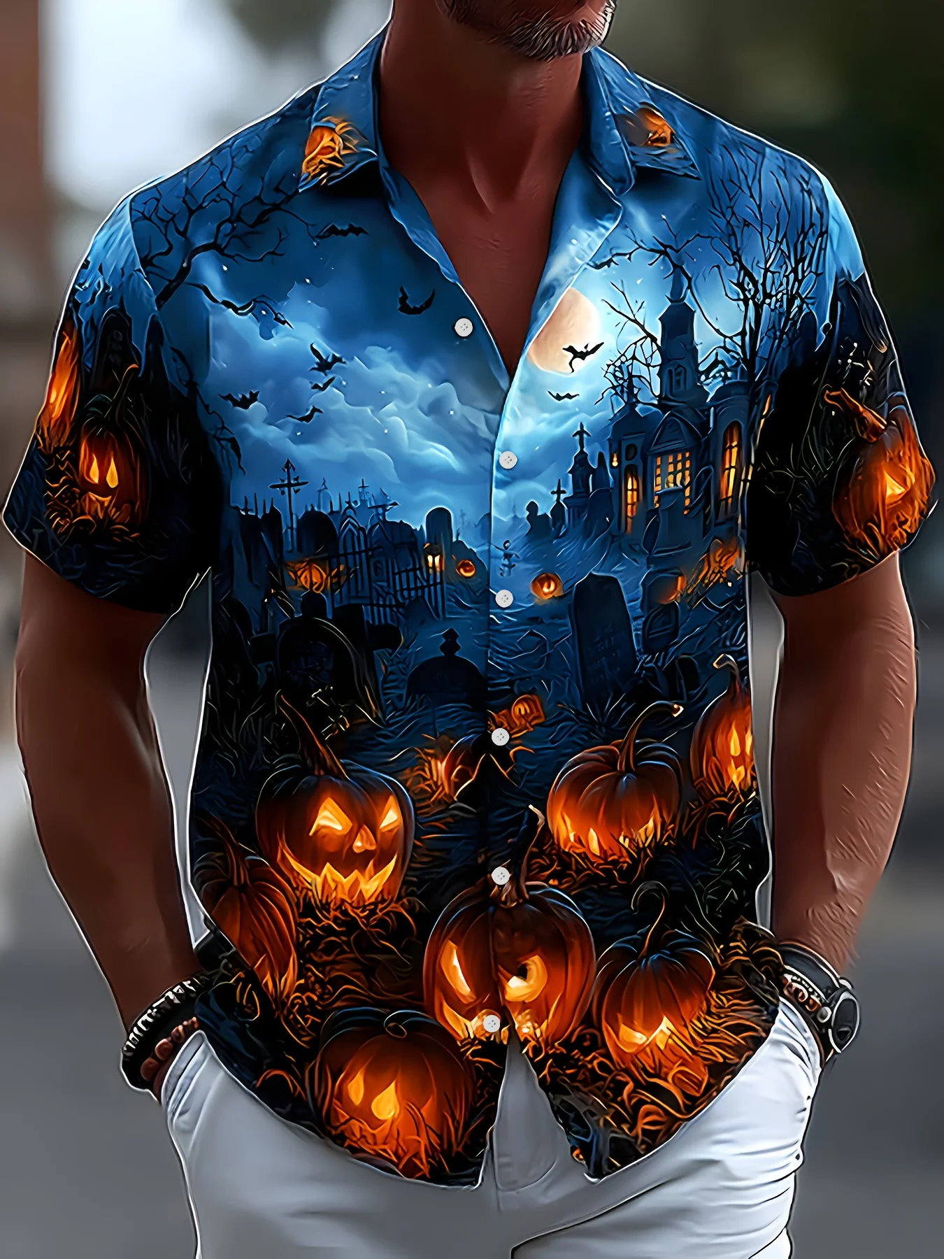 Halloween-Themed Casual Pumpkin Print; Casual / Everyday Wear; Short-Sleeve Collared Shirt