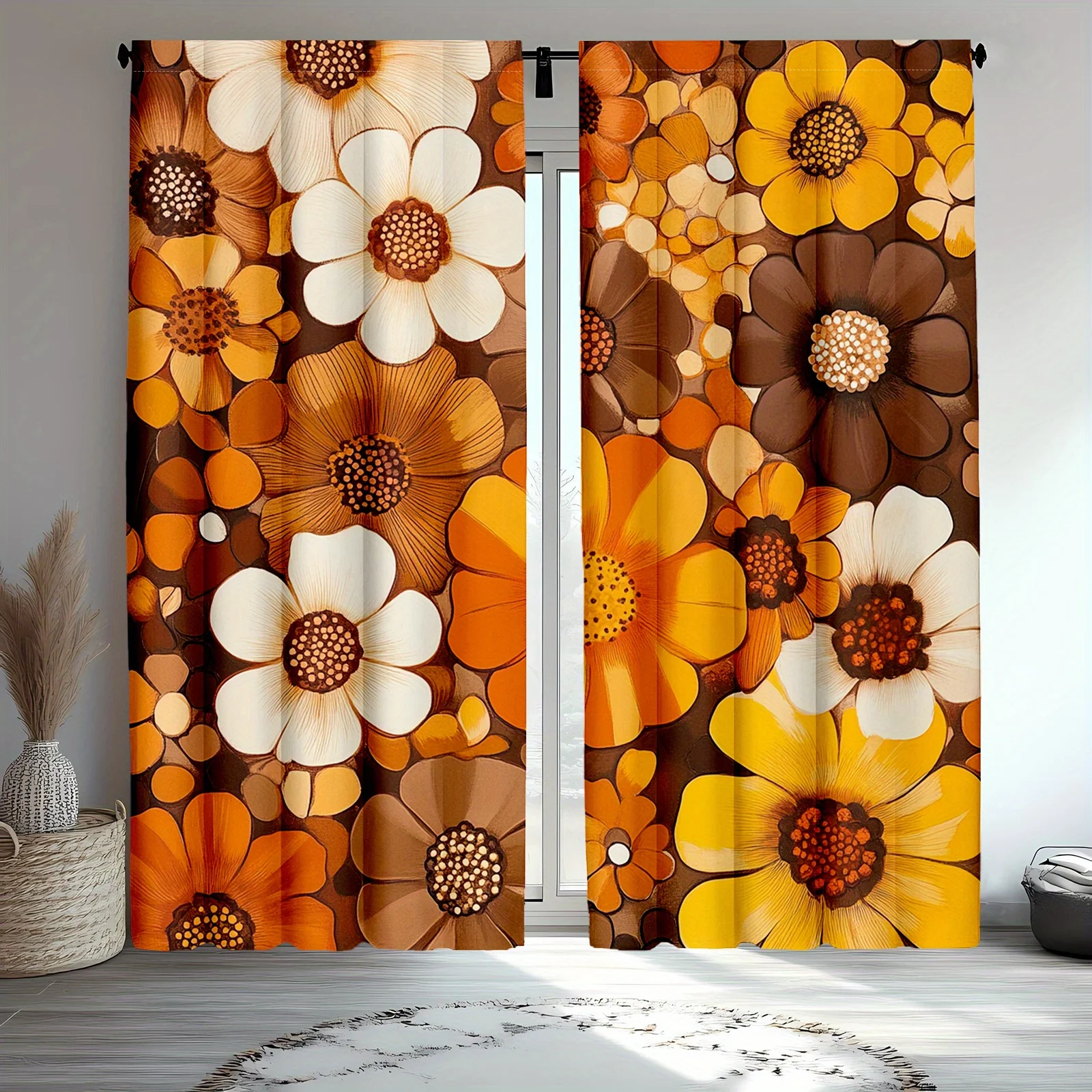 Luxury Floral Sunflower Curtains 2pcs Yellow Orange Botanical Print Window Curtain Set for Living Room Home Decor Privacy