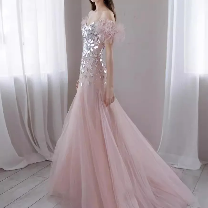 Off Shoulder Luxury Beaded Feather Voile Long Evening Dress For Wedding Birthday Party Elegant Formal Occasions Prom Ball Gowns