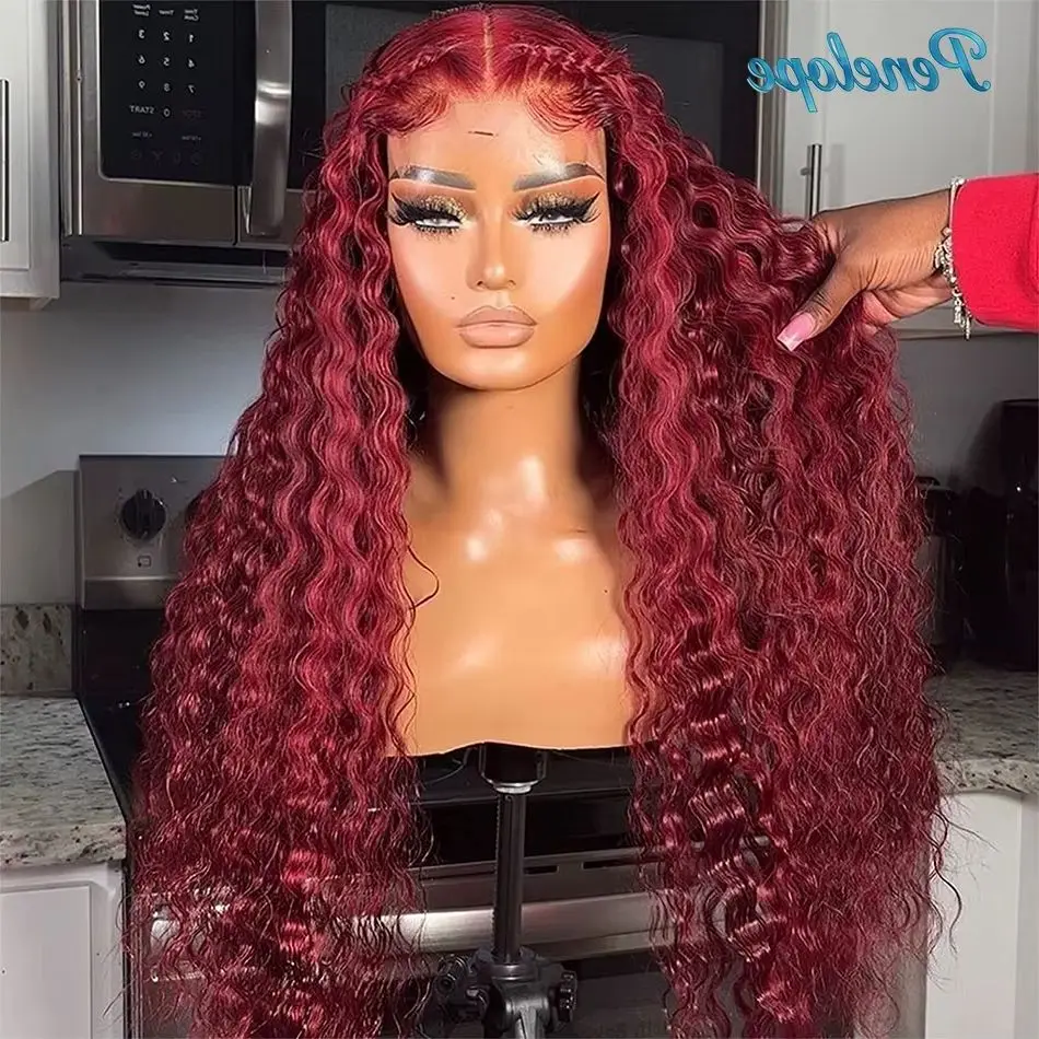 

99J Red Burgundy Colored Deep Wave 13x4 13x6 Lace Front Human Hair Curly 200 Density HD Lace Frontal Wig Preplucked For Women